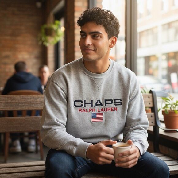 Vintage Ralph Lauren Chaps Crewneck Sweatshirt Men's L USA Flag Logo Y2K 90s - Picture 5 of 5